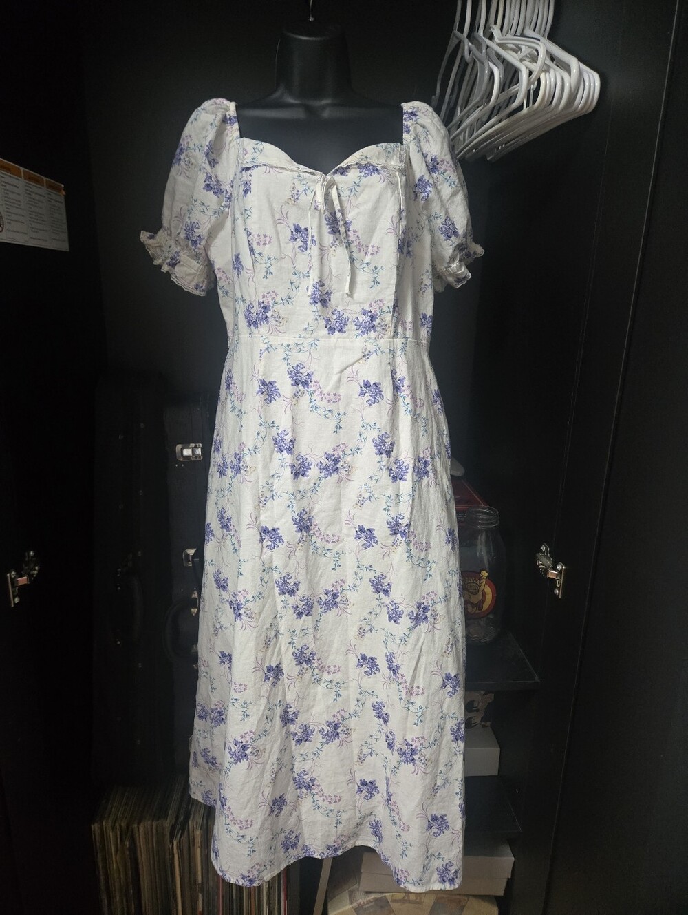Scoop White Purple Floral Puff Sleeve Smocked Back Midi Dress M